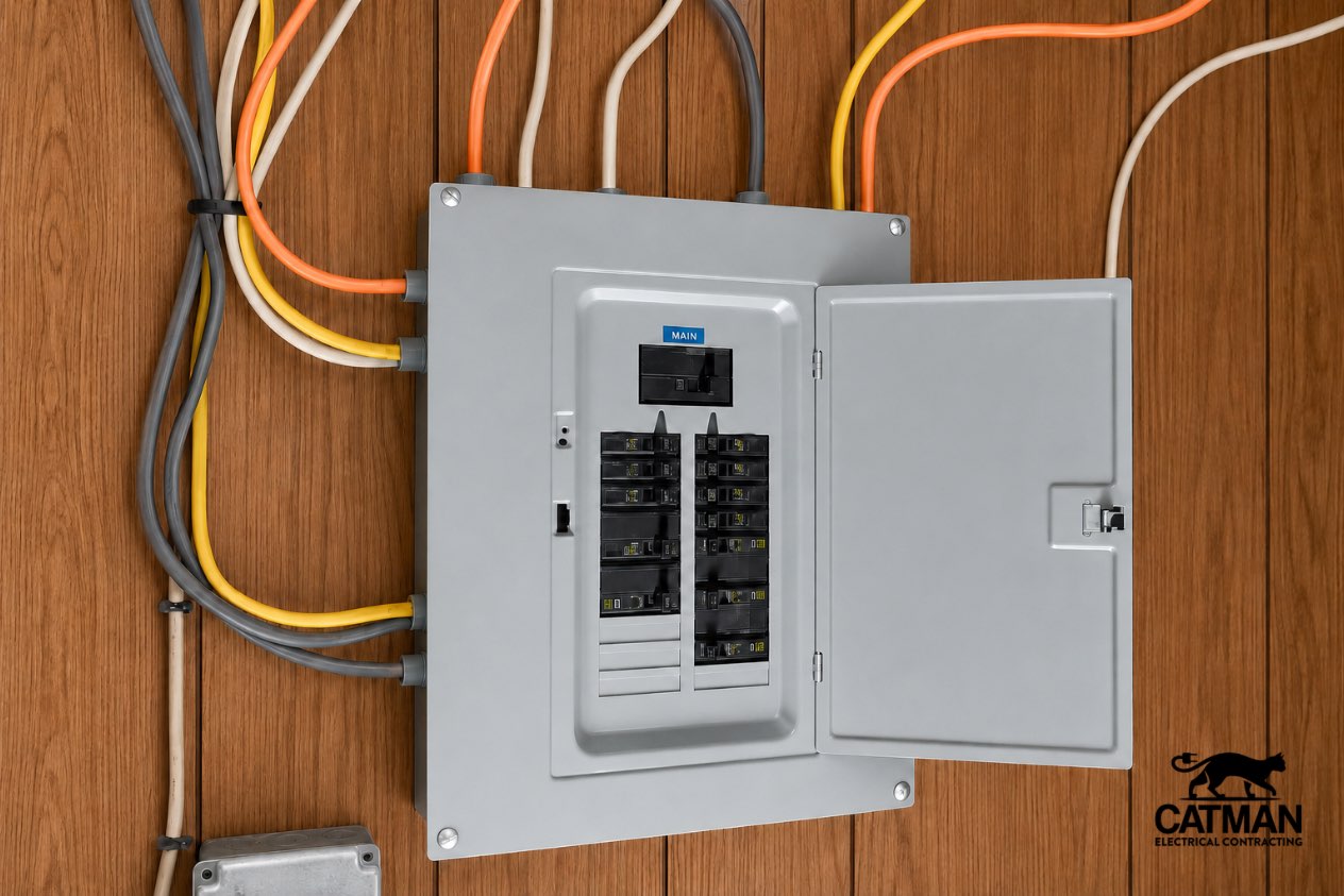 A large grey electrical breaker panel with its door open, mounted on a rustic stone wall. Inside the panel, two long columns of black circuit breakers are visible, with a circuit directory sheet attached to the inner door. Multiple colored electrical cables—including white, yellow, and orange—enter the top of the panel from the ceiling. To the left, a red extension cord is coiled and hanging on the wall.